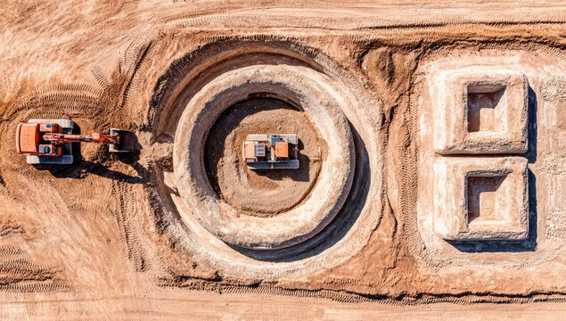 Aerial view of construction site with excavators and circular foundation