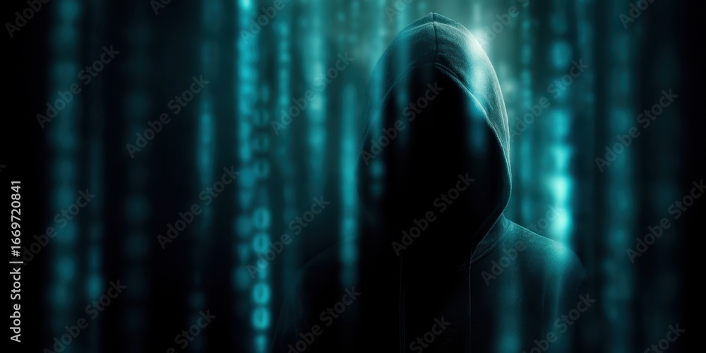 Aufkleber the hooded figure in a neon digital matrix surrounded by floating binary code