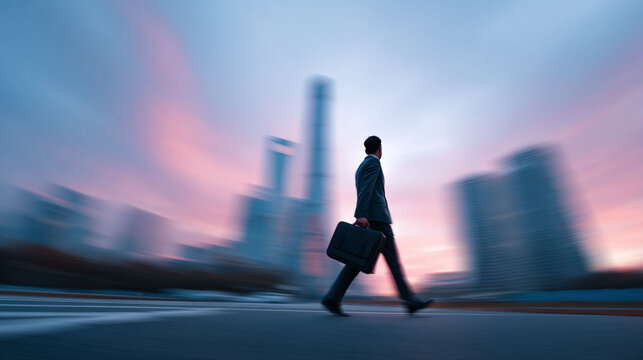 Business motion. Powerful image of a confident professional with a briefcase walking purposefully against a vibrant city sunset. Evokes ambition, success, and determination.