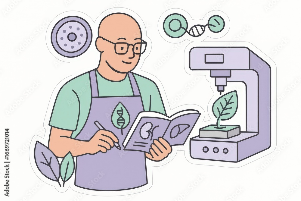 Poster innovative botanist analyzing genetic modification principles while designing plant prototypes incor