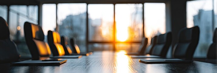 Empty conference room table with chairs arranged in front of large windows, bathed in warm sunset light.