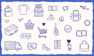 e-commerce doodle icon symbol hand drawn vector illustration collection set