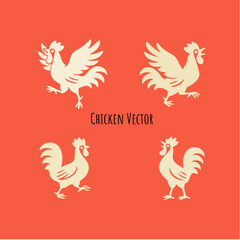 Flat vector illustration of chickens in different postures, including standing, walking, flying, and crowing. Minimalist silhouette style suitable for logos, icons, branding, and decorative design.