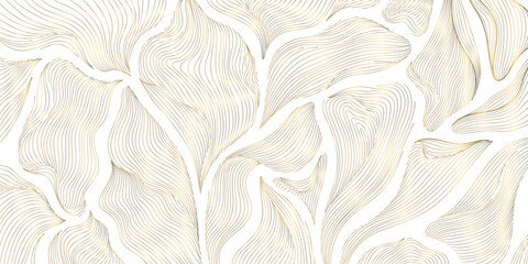 Vector golden art deco fancy leaves pattern, leaf floral luxury background, nouveau jungle elegant nature wallpaper. Garden botanical decor graphic.