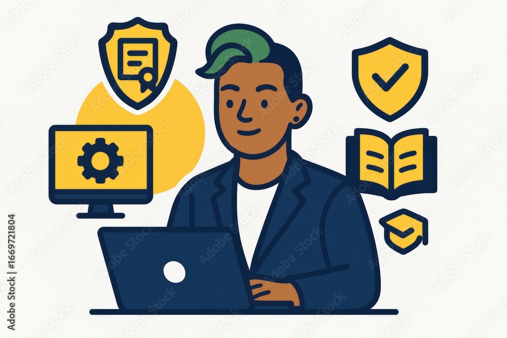 Poster a focused individual engages in cybersecurity practices while sitting at a modern workstation surrou