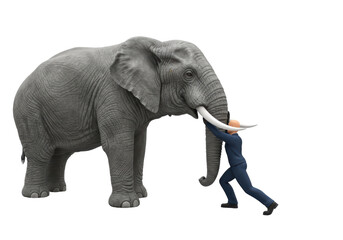 Obraz premium Isolated person pushing against large elephant representing huge obstacle problem tough