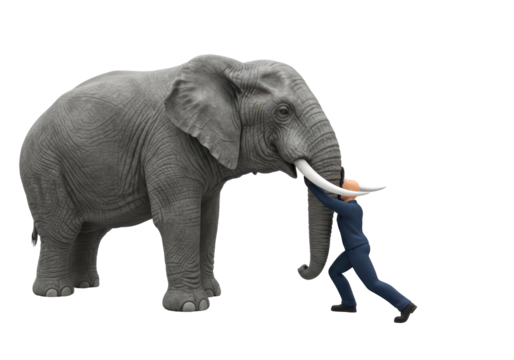 Isolated person pushing against large elephant representing huge obstacle problem tough