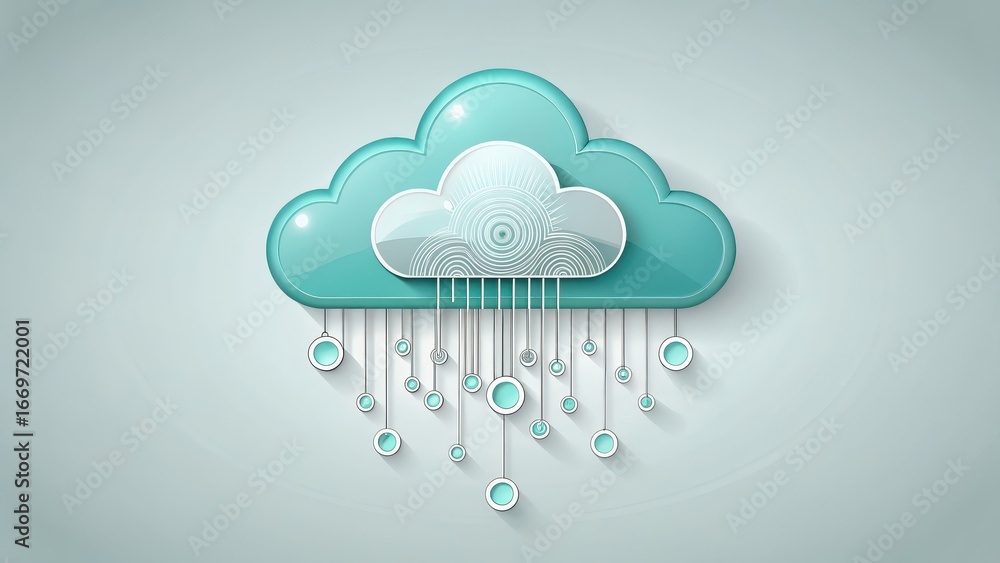 Poster non profit cloud solutions stylized cloud design with digital elements representing data transfer.