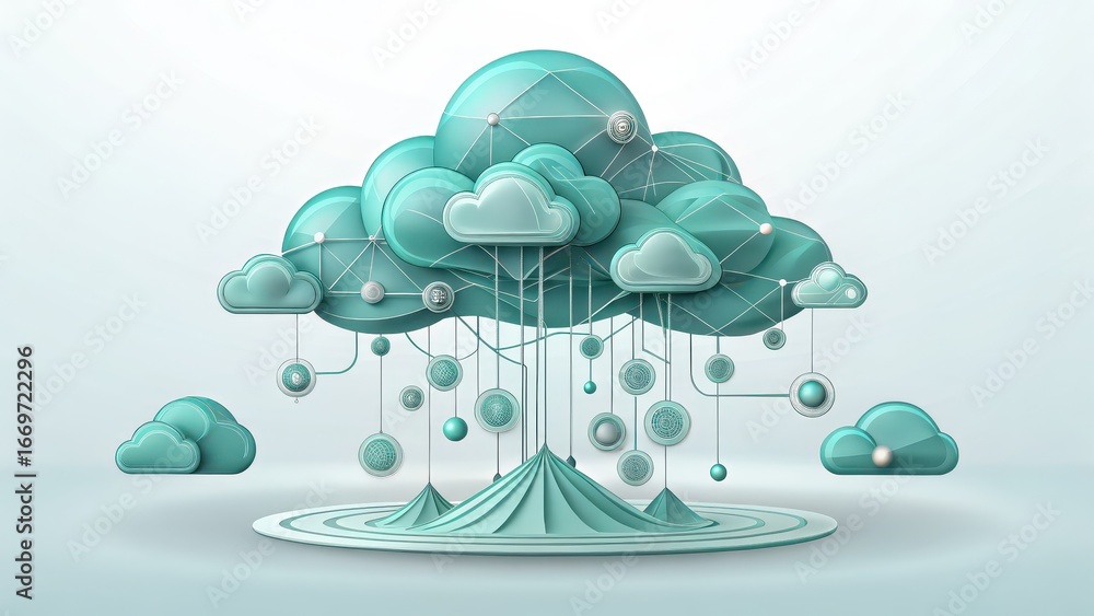 Poster non profit cloud solutions abstract illustration of a cloud with geometric patterns and suspended el