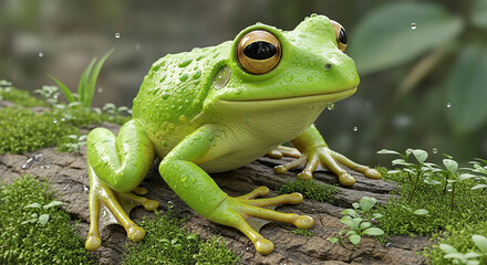 Obraz premium Vibrant green tree frog perched on mossy branch