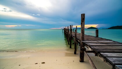 Fototapeta premium Serene sunset over tranquil ocean, weathered wooden pier extends to calm waters, soft sand beach