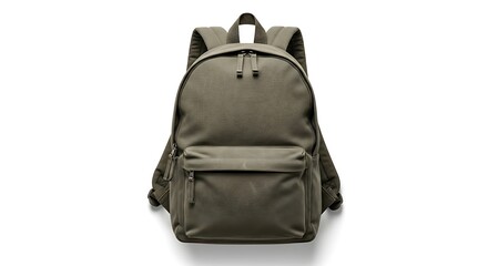 Naklejka premium Olive green canvas backpack, minimalist design, front pocket detail, against white background.