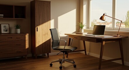 Sunlit home office with wooden furniture and desk lamp
