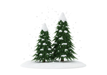 Isolated Seasonal pine trees and snow drifting on branches, falling snowflakes render