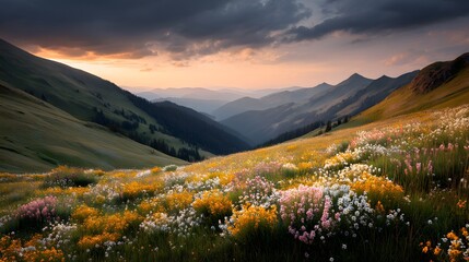 A mountain meadow covered in wildflowers during sunset, warm golden tones