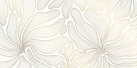 Vector golden art deco fancy leaves pattern, leaf floral luxury background, nouveau jungle elegant nature wallpaper. Garden botanical decor graphic.