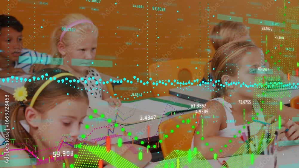 Poster children flipping pages and writing notes as animated data charts illustrating learning emerging