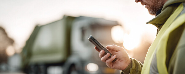 Man using mobile phone in an industrial setting. A worker in safety vest communicates. Perfect for illustrating logistics, communication, or transportation concepts.