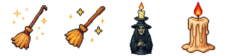 Halloween pixel art features magical broomsticks sparkling with light and witch with candle glowing warmly in pixel style