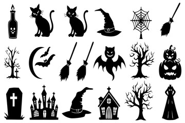 Halloween Silhouettes Bundle — Black Cat, Witch Hat, Haunted House, Pumpkin, Bat, Ghost & Spider Web Vector