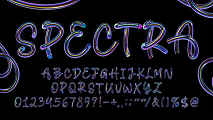 Colorful tubular 3D typeface with chrome and iridescent spectrum effect, including full alphabet, numbers and symbols in futuristic Y2K typography © Derter