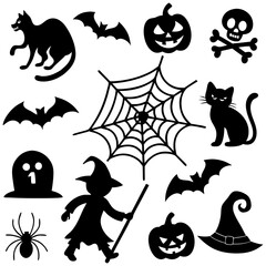 Halloween Silhouette Icons Collection – Witch, Cat, Bat, Spider, Pumpkin, Web and Skull