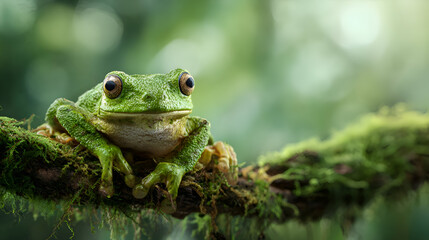 Fototapeta premium Vibrant green tree frog with striking eyes rests on a moss-covered branch, captured in a serene, natural forest habitat with soft bokeh background