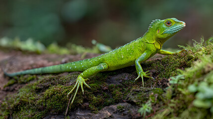 Fototapeta premium Vibrant green lizard with detailed scales rests on mossy log, showcasing nature's exquisite beauty and reptilian grace