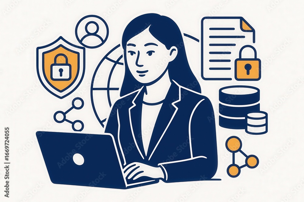 Aufkleber committed female cybersecurity analyst engaged in data protection and encryption strategies emphasiz