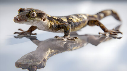 Fototapeta premium Intricate detailed close up of a crested gecko with striking eyes and textured skin resting on a reflective surface