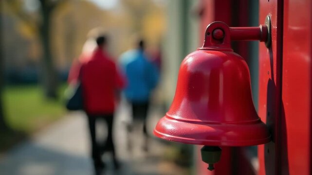 A red bell hangs from a red door, a simple yet striking image