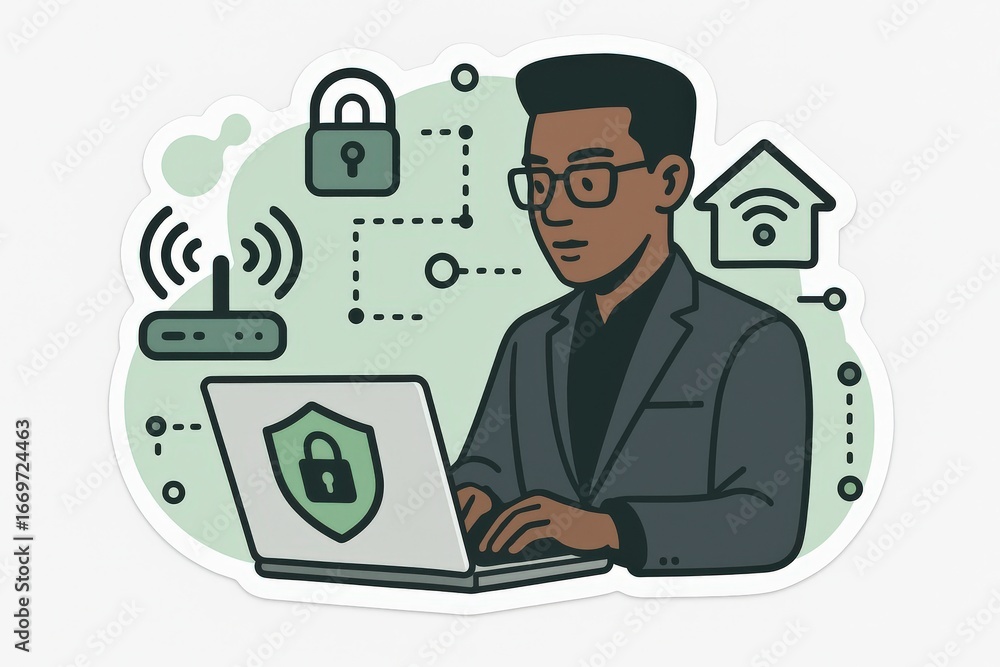 Aufkleber professional man engaging with cutting-edge cybersecurity technology while securing wireless network