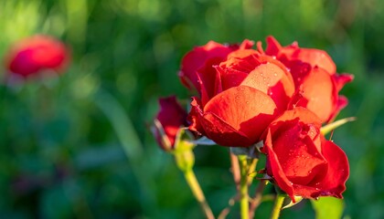 Close-up view of vibrant red roses with dew drops, set against a blurred background of lush green foliage.