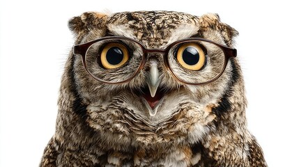 Fototapeta premium Shocked owl reacting in surprise concept. An owl wearing glasses, smiling and looking wise and friendly.