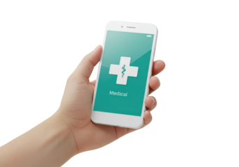 Isolated hand holding smartphone with medical application on screen for healthcare services