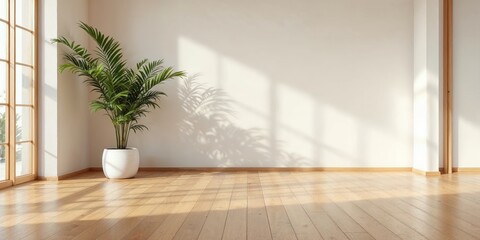 Fototapeta premium Bright and Minimalistic Yoga Room with Wooden Floor, Featuring a Lush Plant in a Modern Interior Design Setting for Serene Practice