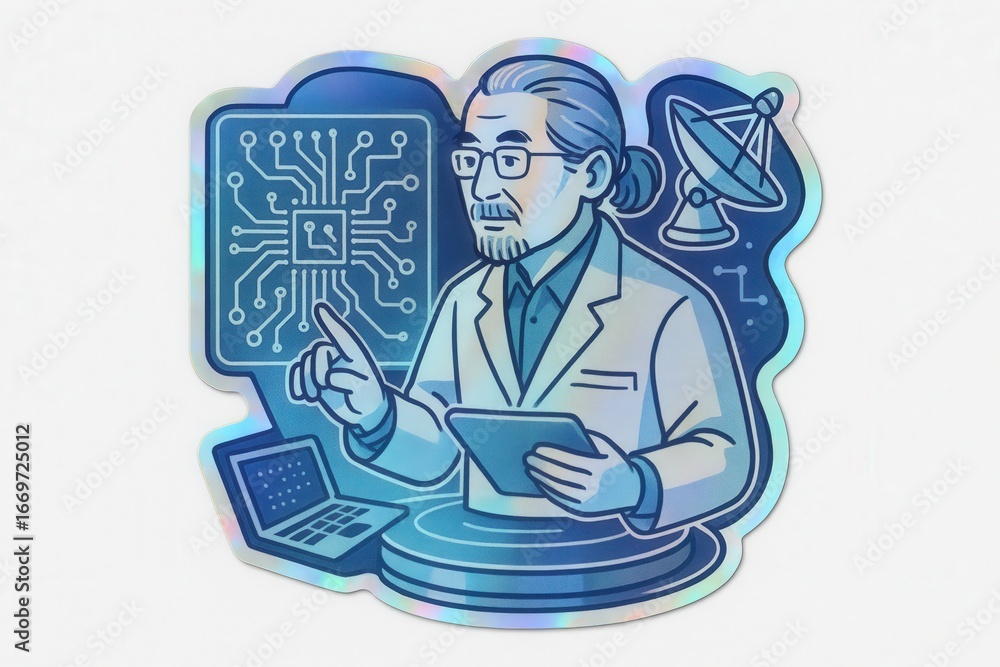 Aufkleber a scholarly figure adorned in a lab coat engaging with high-tech devices while illustrating intricat