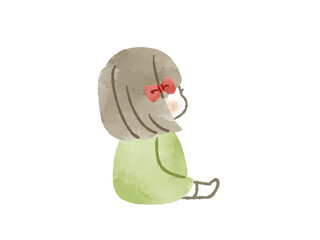 後ろを向いて座っている子ども-水彩