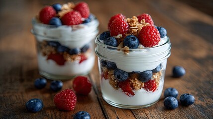 Two glass jars filled with yogurt parfaits