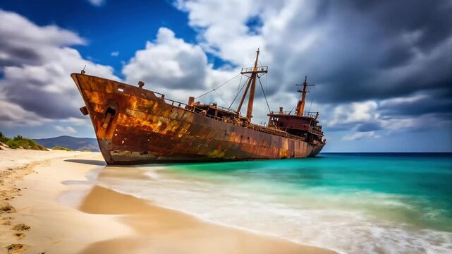 Rustic shipwreck beach scene