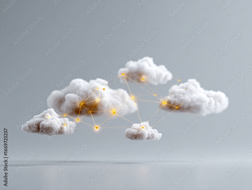 Aufkleber fluffy clouds connected by glowing lines symbolize cloud computing and digital networks. abstract mo