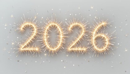 Sparkling 2026 formed by golden sparks against a pale background celebratory, festive vibe suitable for New Year greetings and seasonal campaigns.