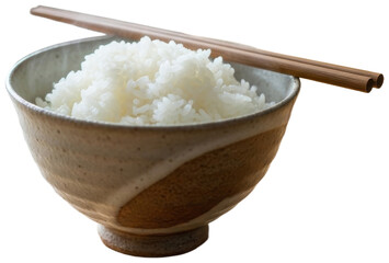 Steaming bowl of white rice with chopsticks on a table, transparent background png