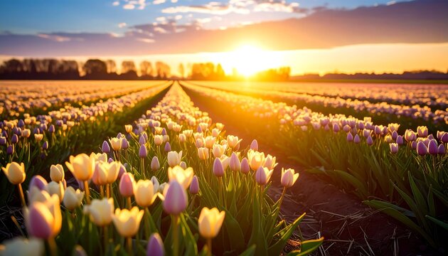 A vast field of tulips in full bloom, bathed in the golden light of a beautiful sunset, creating a serene and vibrant landscape. - Powered by Adobe