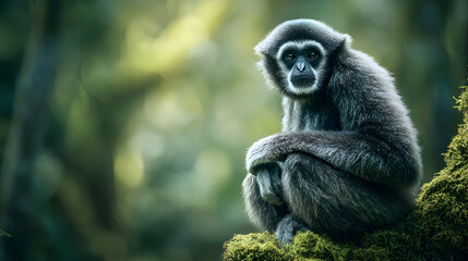 Obraz premium Serene gibbon primate rests peacefully on mossy branch in lush green forest, captivating wildlife portrait