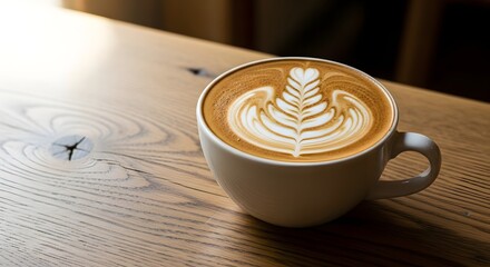 Delicious latte art in a white mug on a wooden table, close-up shot,Perfectly brewed latte with beautiful design on table, perfect for coffee lovers