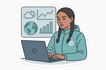 A focused young woman engaged in data analysis on a laptop showcasing global statistics with visual insights on climate and business trends reflecting the digital age