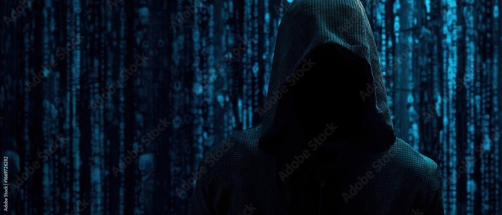 Aufkleber the hooded figure in front of digital binary matrix representing cybersecurity threats