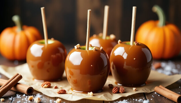 Caramel coated apples with cinnamon sticks and pumpkins on wooden table. Autumn dessert and festive content for halloween and thanksgiving promotions. Sweet celebration and cozy harvest mood