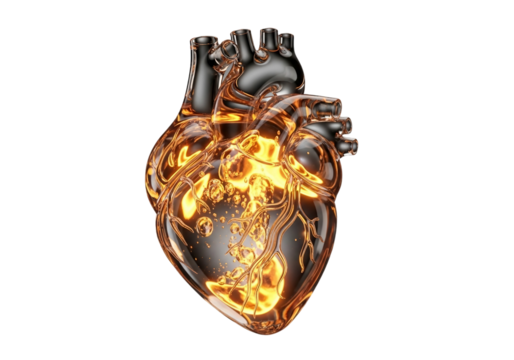 Anatomical heart with internal fire on white background